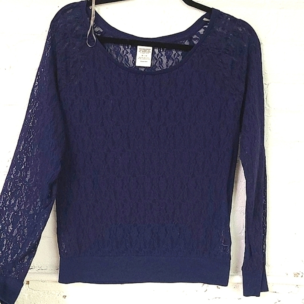 PINK VICTORIA SECRET NAVY LACE TOP SZ MED